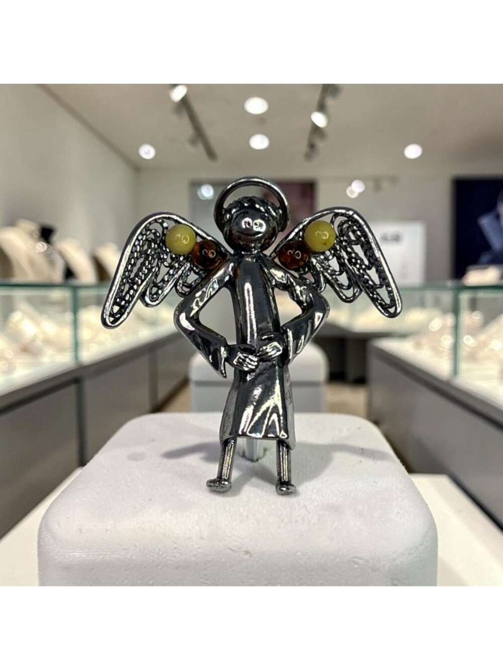 Sterling Silver Guardian Angel Pendant With Cognac Any Yellow Amber Detail